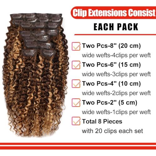 Highlight P4/27 Dark Brown to Honey Blonde Kinky Curly Clip-In Hair Extensions 14 Inch - 8Pcs, Human Hair, Brazilian Remy, Double Weft