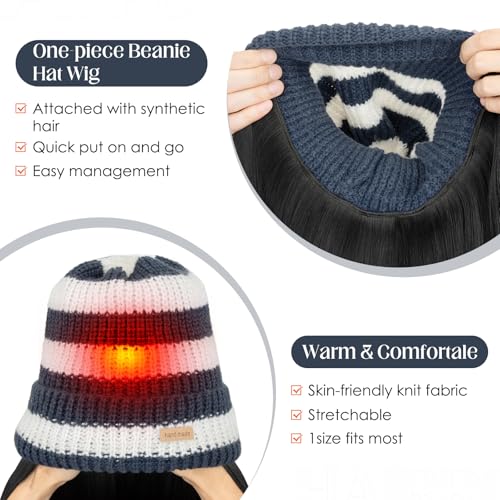Winter Knit Beanie Wig Hat with Synthetic Hair - Black & White Variation - 11"