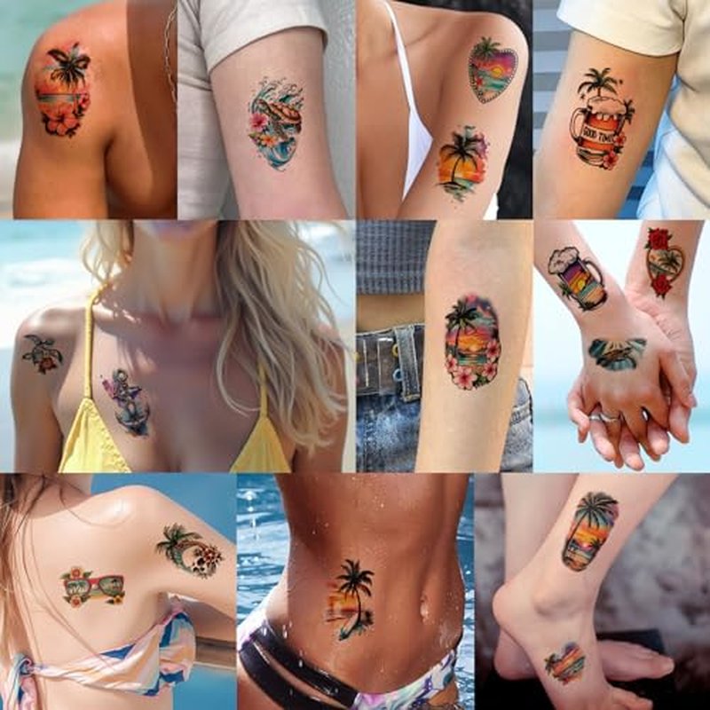 48 Sheets Temporary Tattoos for Adults - Tropical Waterproof Arm Tattoo Stickers with Hawaiian Beach Palm Trees Sunset Flowers, Large Full Arm Fake Tattoo Body Art for Men Women Teens for Summer Party
