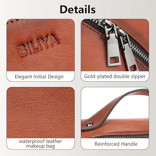 Hand Rubbed Genuine Leather Makeup Bag Vintage Brown Cowhide Cosmetic Case with Handle Handmade Travel Organizer for Women