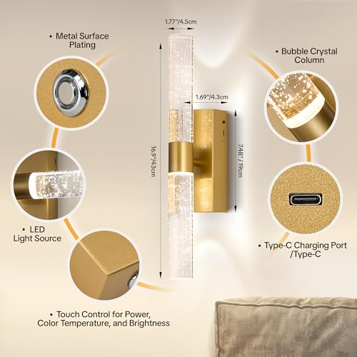 Linboro Gold 16.9-Inch Battery Operated Wall Sconces Set of 2, Dimmable Rechargeable Cordless Lights for Bedroom & Living Room