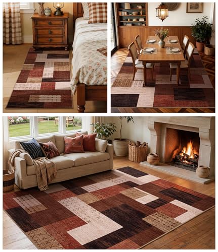 YIHOUSE Brown Multi Geometric Patchwork Area Rug 6x9 ft for Living Room & Bedroom