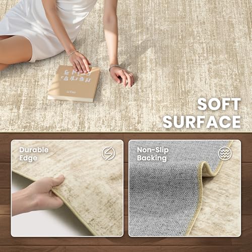 Beige 8x10 Modern Abstract Washable Area Rug for Living Room - Non-Slip, Soft Microfiber