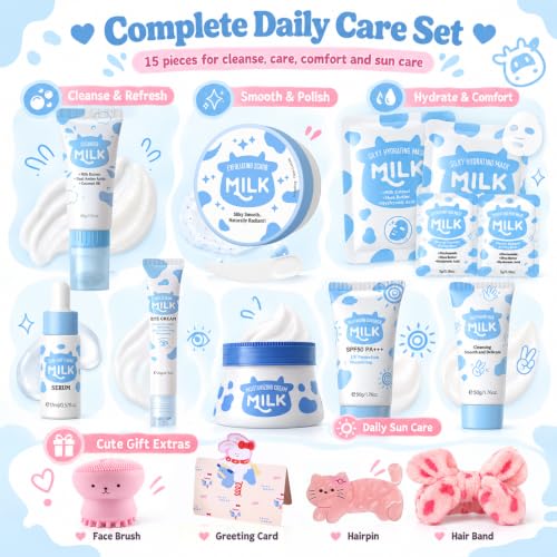 WOUGLAY 15-Piece Milk Skincare Kit for Teens & Women | Travel Set with Mask & Moisturizer - 0.07 Fl Oz