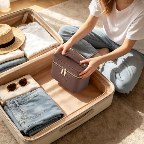 Brown Coffee Leather Makeup Bag Travel Toiletry Organizer with Removable Waterproof Divider