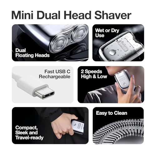 Onyx Shaver Mini Dual Head Rotary Electric Razor for Men Portable Travel Shaver USB C Rechargeable Wet or Dry Use Lightweight Pocket Size Electric Shavers for Men Two Speed Easy Clean Detachable Head