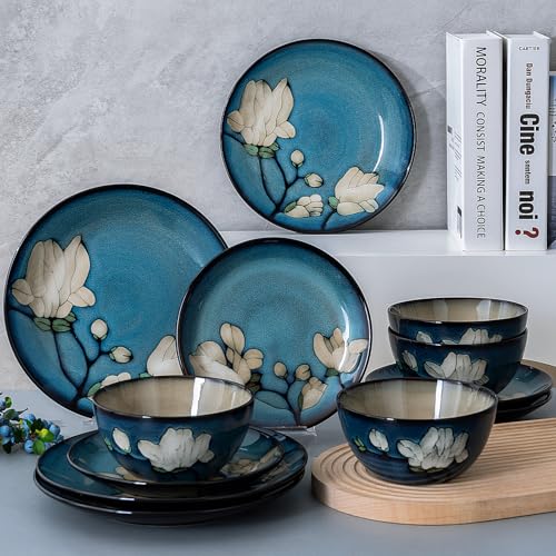 Blue Stoneware Dinnerware Set 12 Pieces for 4 - Classic Blue Variation