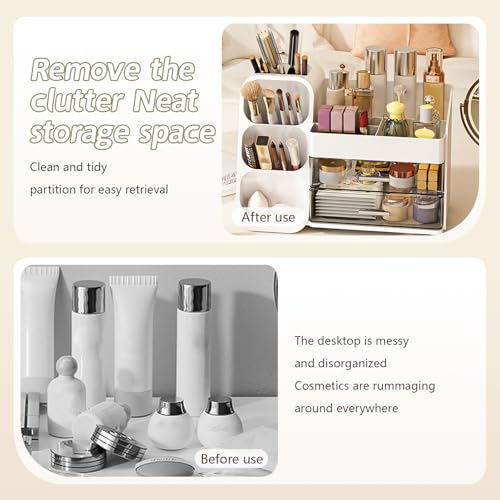 Makeup Organizer with Drawers, Large Capacity Cosmetics Display Case, stationery storage box, bathroom beauty storage suitable for your beauty essentials (white)