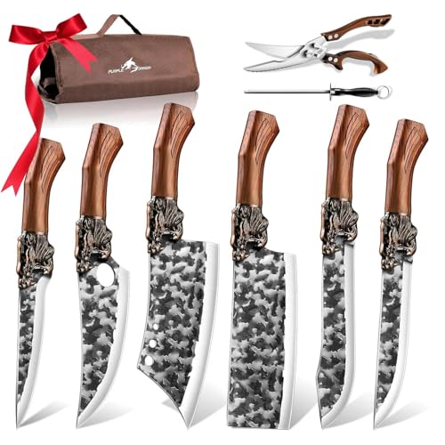 Purple Dragon 8-Piece Japanese Chef Knife Set with Roll Bag - Butcher & Meat Knives