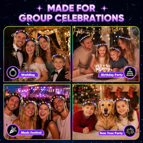 Chicloop 50 pcs LED Flower Crowns Headbands with Ribbons for Women & Kids
