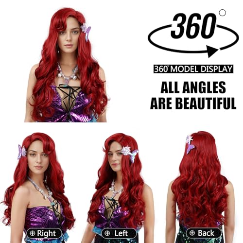Red Wavy Mermaid Wig for Women - Long Curly Halloween Costume Accessory