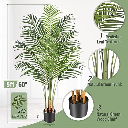 2 Pack 5ft Artificial Palm Trees for Indoor Outdoor Decor - Faux Areca Tree with Real Bark Design