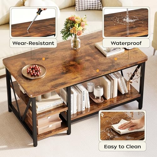 Farmhouse Coffee Table with Storage - 39.3-inch Rustic Industrial Design