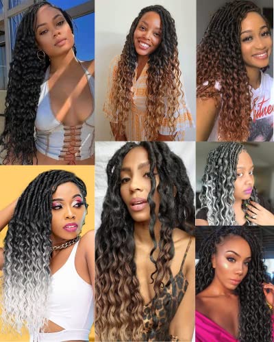 24 Inch Deep Wave Faux Locs Crochet Hair - 8 Packs, 112 Strands, Natural Black