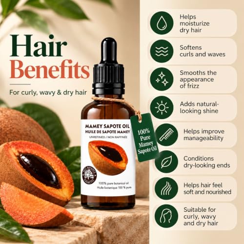 Organic Mamey Sapote Oil 2oz - Hair & Skin Moisturizer, Frizz Control, Dry Skin Relief, Curly & Wavy Hair Care, Best Nature's Cosmetics