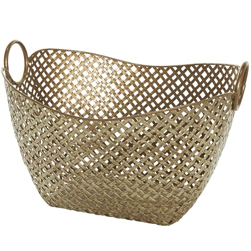 Gold Metal Storage Basket - Handmade Woven Organizer with Handles, 17 x 13 x 11 Inches