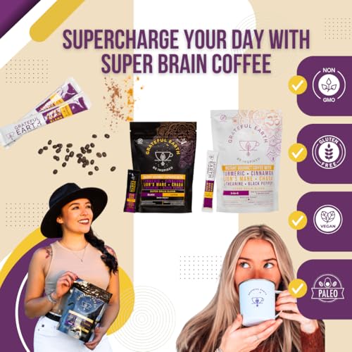 Grateful Earth Instant Mushroom Coffee with Lion's Mane (2 Bags, 40 Ct) – 40 Single-Serve Sticks