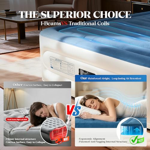 Blue Queen Air Mattress with Built-In Pump - 18 Inch Elevated Blow Up Bed