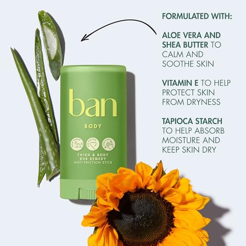 Ban Thigh & Body Anti-Friction Balm, Prevents Chafing & Skin Irritation, Anti Chafe Balm for Women & Men, Aluminum, Baking Soda & Talc Free, Unscented, 1.4 Oz