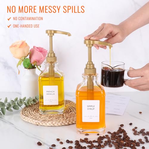 Gold Pump 4-Pack 16oz Coffee Syrup Dispenser Set Leak-Proof Glass Bottles