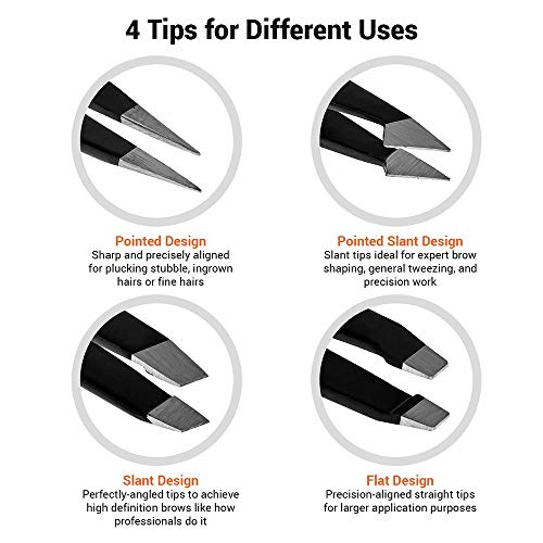 Tweezers Set - Professional Stainless Steel 4-Piece Precision Tweezer for Men & Women - Great for Facial Hair Removal, Eyebrow Shaping, Splinters & Ingrown (Black)