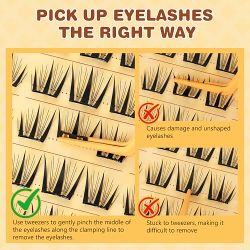 QUEWEL Self Adhesive Eyelashes, Pre Glued Eyelashes Clusters 100Pcs Manga Lashes No Glue Needed,D Curl Pre Glued Lashes With Tweezers for Cute Makeup ooks, Easy And Quick To Wear(ZZBP05)
