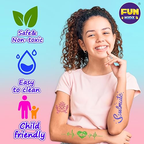 Kids Temporary Tattoo Kit with Glitter, Stencils & Body Markers - FunKidz