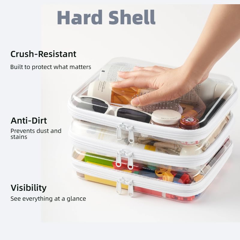 White 3M Clear Hard Shell Zipper Pouches - Medium Organizers, Pack of 3