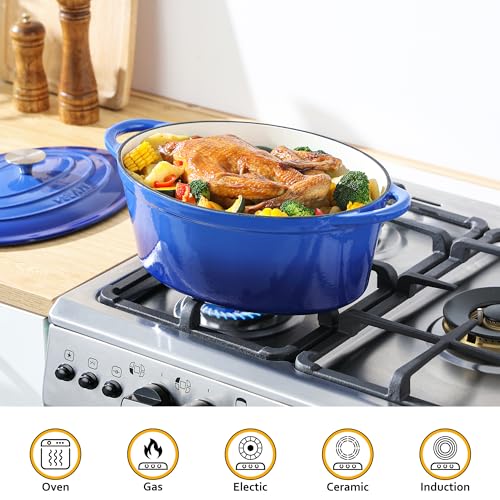 Velaze 7.5 Qt Blue Enamel Cast Iron Dutch Oven with Lid - Oval