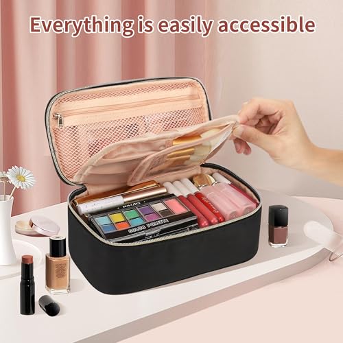 OCHEAL Small Makeup Bag with Zipper Pouch,Portable Cute Travel Makeup Bag Pouch for Women Girls Makeup Brush Organizer Cosmetics Bags with Compartment-Nylon Black
