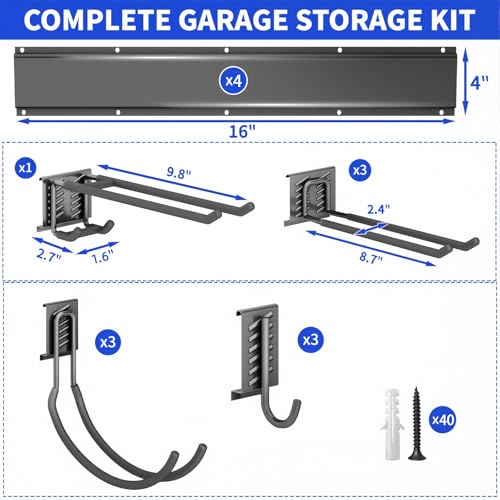Garage Tool Organizer Wall Mount - 64 Inch Heavy Duty Steel Storage System with 10 Adjustable Hooks - Black