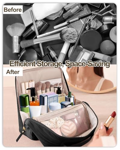 Black Standing Makeup Bag with Fold-Down Design - Velvet Cosmetic Organizer for Travel & Beauty