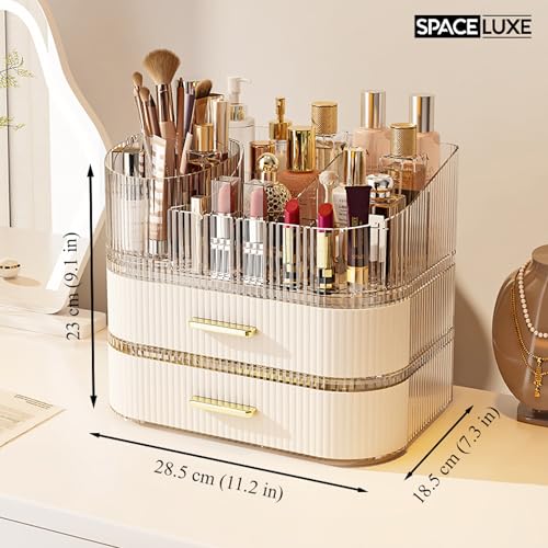 Makeup Organizer with Drawers and 360¡Æ Rotating Brush Holder, Large Capacity Cosmetic Storage for Vanity, Skincare, Perfume, Hair Accessories, Lipstick & Jewelry (Cream White, 3-layer)