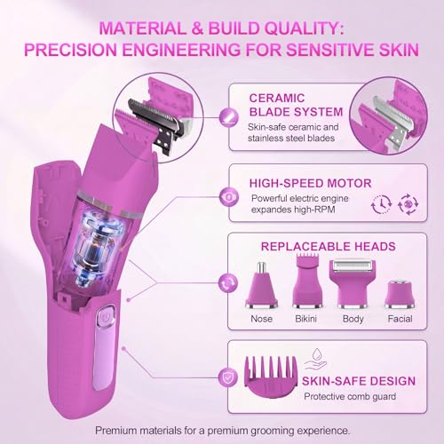 KINGTEE Rose Pink Bikini Trimmer for Women, Waterproof Electric Razor with 5 Blades & Charging Dock