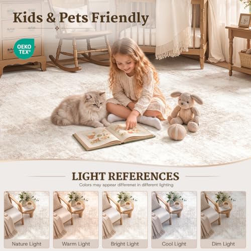 8x10 Beige/Brown Vintage Rug - Washable Large Living Room Floor Carpet with Non-Slip Backing