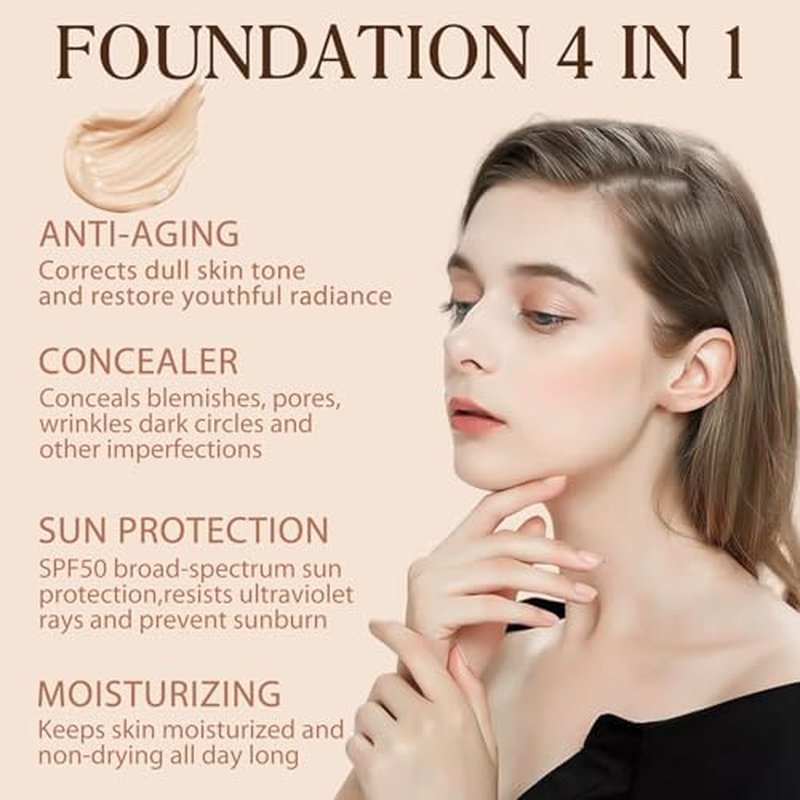 2 Pack Foundation 4 in 1, Medium Color Changing Foundation, Liquid Foundations Protect from Sun with SPF50 for Gym, Sports, Dancing, 1.05 fl.oz