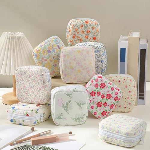 Cotton Quilted Makeup Bag Set - Floral Style, 10 Pcs, Travel & Bridesmaid Gifts - 5.12 x 4.72 x 1.97 Inches