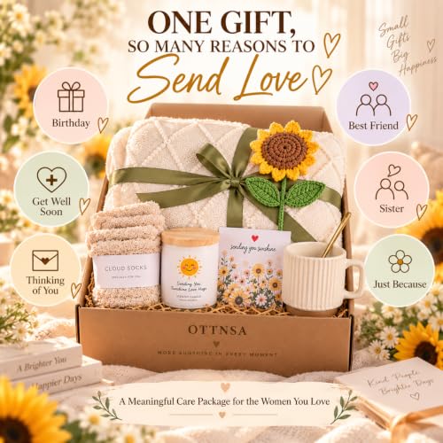 Sunflower Self Care Gift Basket for Women - Cozy Blanket, Fuzzy Socks & More