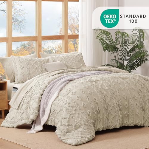 Queen Size Boho Tufted Comforter Set - Beige, 7 Pieces, Bed in a Bag