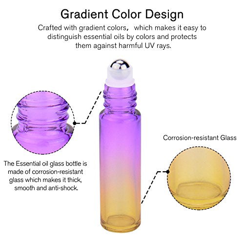 PrettyCare Rainbow 60 Pack Refillable Essential Oil Roller Bottles with Golden Cap, 10ml