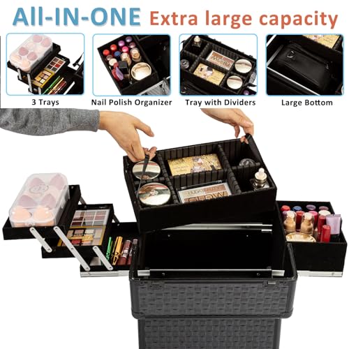 Arous Black Rolling Makeup Case on Wheels, Professional Cosmetology Storage