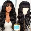 20 Inch Body Wave Human Hair Wig with Bangs - Natural Black, Lace Front, Glueless, Brazilian Virgin Hair