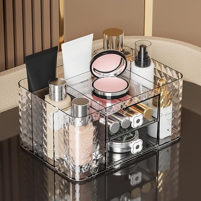 Makeup Organizer with Drawers and Clear Storage - Vanity Counter Organizer and Bathroom Countertop for Makeup Brush, Lipsticks, Nail Polishes, Perfumes, Eyeshadow Palettesand Cosmetics