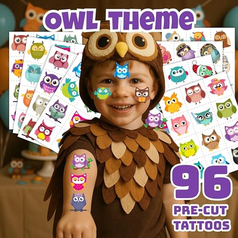 96PCS Owl Temporary Tattoos Stickers for Kids - Cute Party Favors, Birthday Party Tattoos, Classroom Prizes, Christmas & School Gifts, Fun Tattoos for Boys & Girls