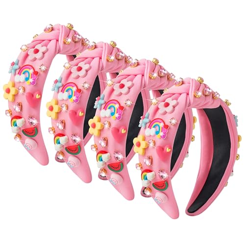 Pink Floral 4-Piece Jeweled Knotted Headband Set - Rainbow Rhinestone Hair Accessories for Women & Girls