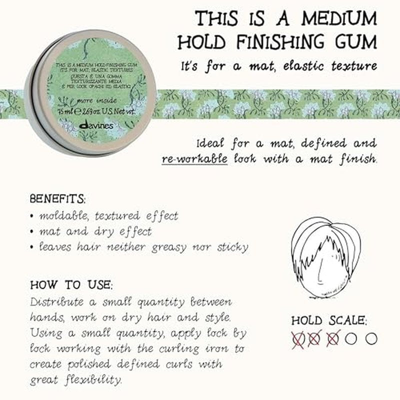 Davines This Is A Medium Hold Finishing Gum, Medium Hold Texture & Matte Finish - Dry Paste for Defined Styles - Workable & Remoldable, 2.54 Fl Oz
