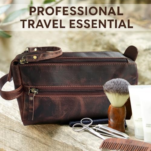 Walnut Brown Leather Toiletry Bag for Men - Travel Dopp Kit & Shaving Bag
