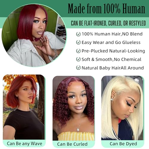 10 Inch Burgundy Human Hair Bob Wig - Natural Look & Pre-Plucked Hairline