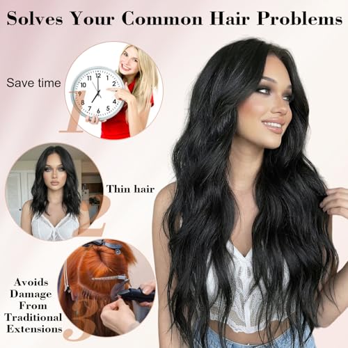 Natural Black 26 Inch Wavy Synthetic Clip-In Hair Extensions - 4PCS