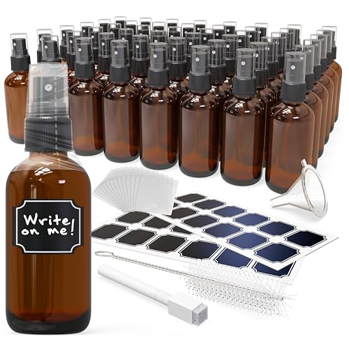 Nevlers 4 Oz Amber Glass Spray Bottles for Cleaning & Refreshment | 48 Pack Amber Glass Bottles | Mist Bottle Sprayer w/Shrink Wrap, Funnel, Brush, Marker & Labels | Small Spray Bottle for Hair & Face